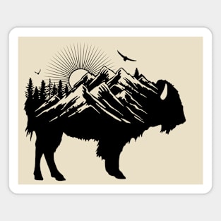 Buffalo Silhouette - Retro Bison Mountain - Buffalo Lover Magnet